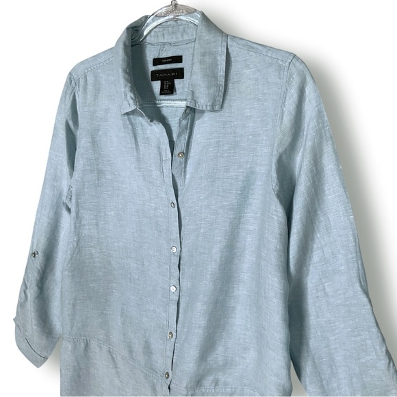 Tahari Linen Tunic Blouse Sz M Button Down Lagenlook Coastal Blue - Picture 3 of 9